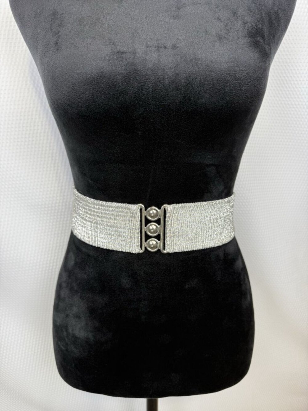 VTG 80s Malco Modes Belt Petite Silver Elastic Cinch Metal Buckle Retro Dance